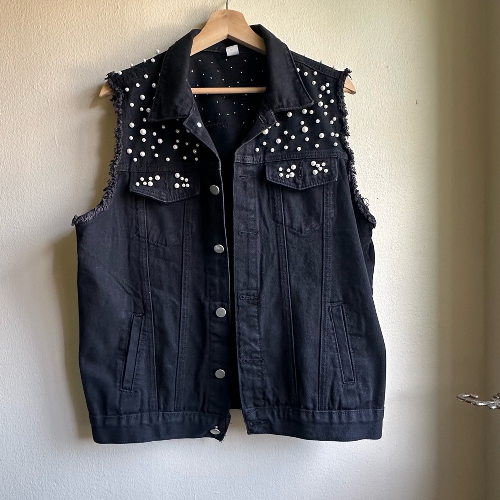 Beaded Black Denim Vest